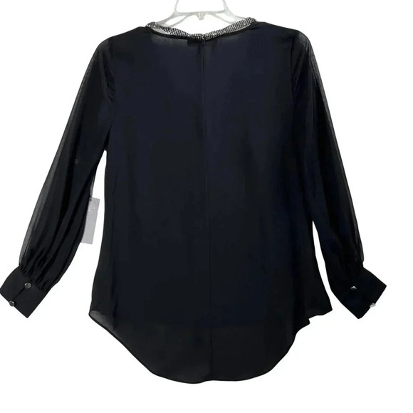 NWT Jennifer Lopez Womens M Black Sheer Blouse Rhinestone Details Bishop Sleeves - Picture 3 of 14